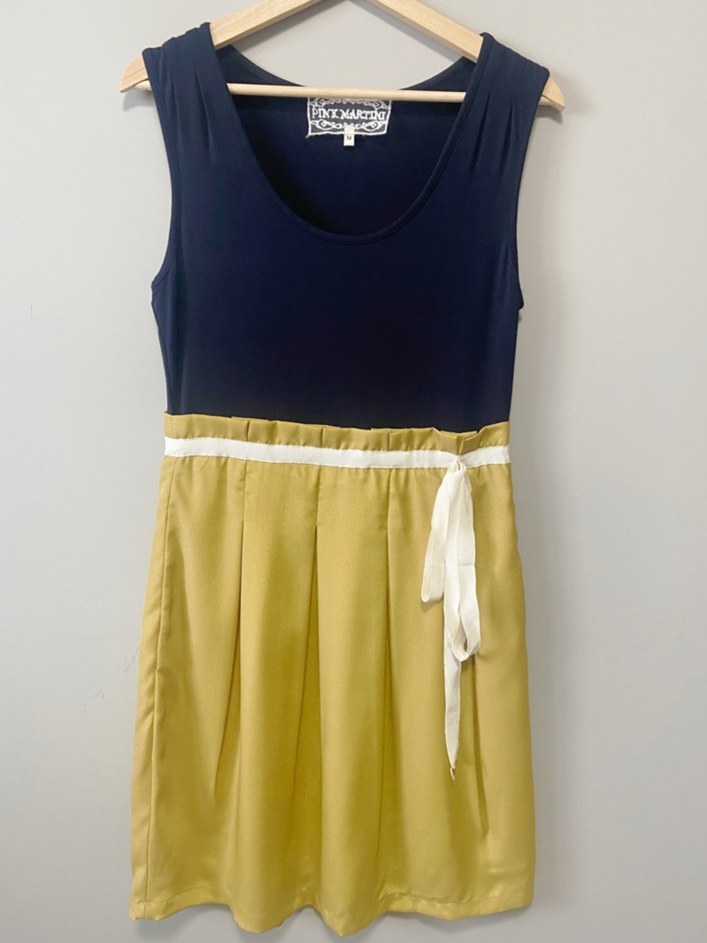 Pink Martini Navy and Mustard Colorblock Dress with White Waist Tie